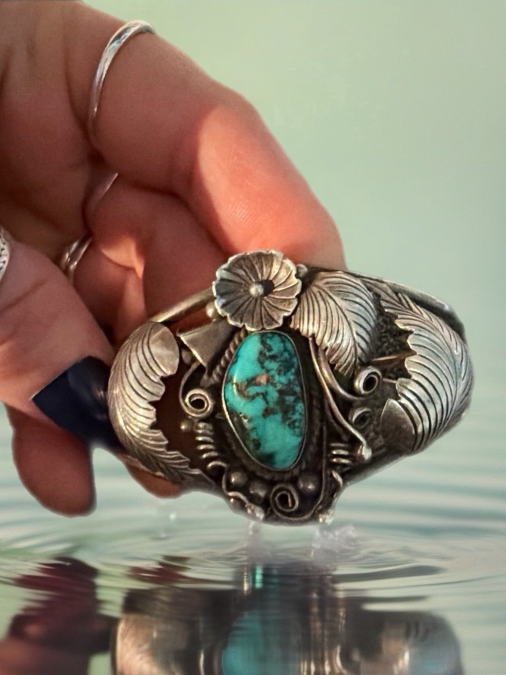 Vintage Navajo Harry Johnson Sterling Silver Turquoise Cuff Bracelet